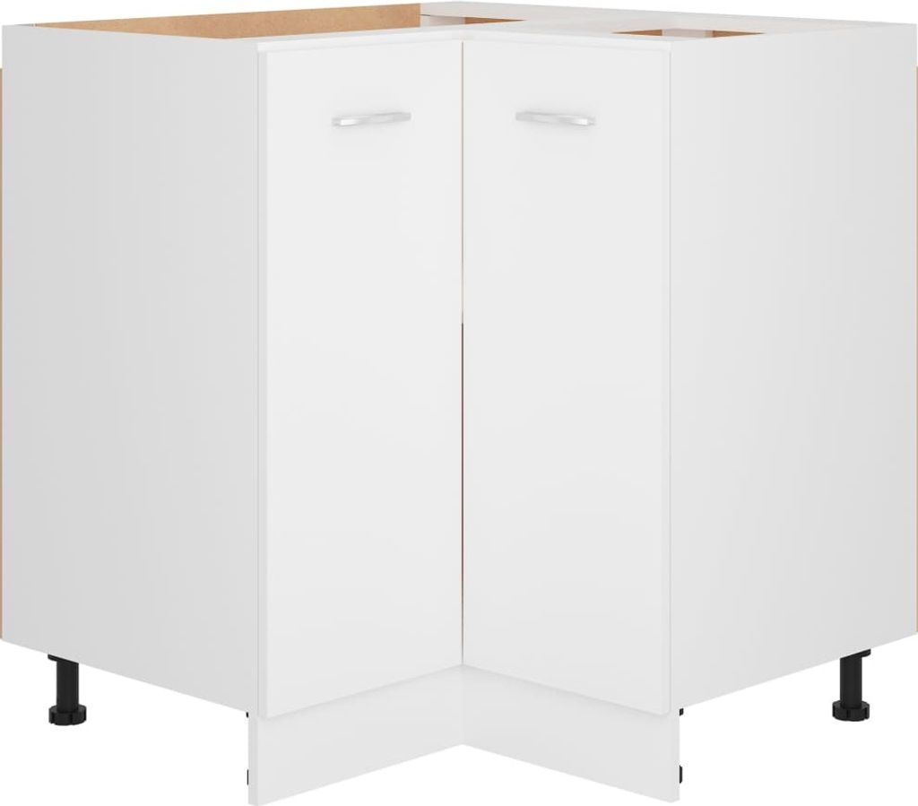 A white corner kitchen cabinet with two doors and black legs.