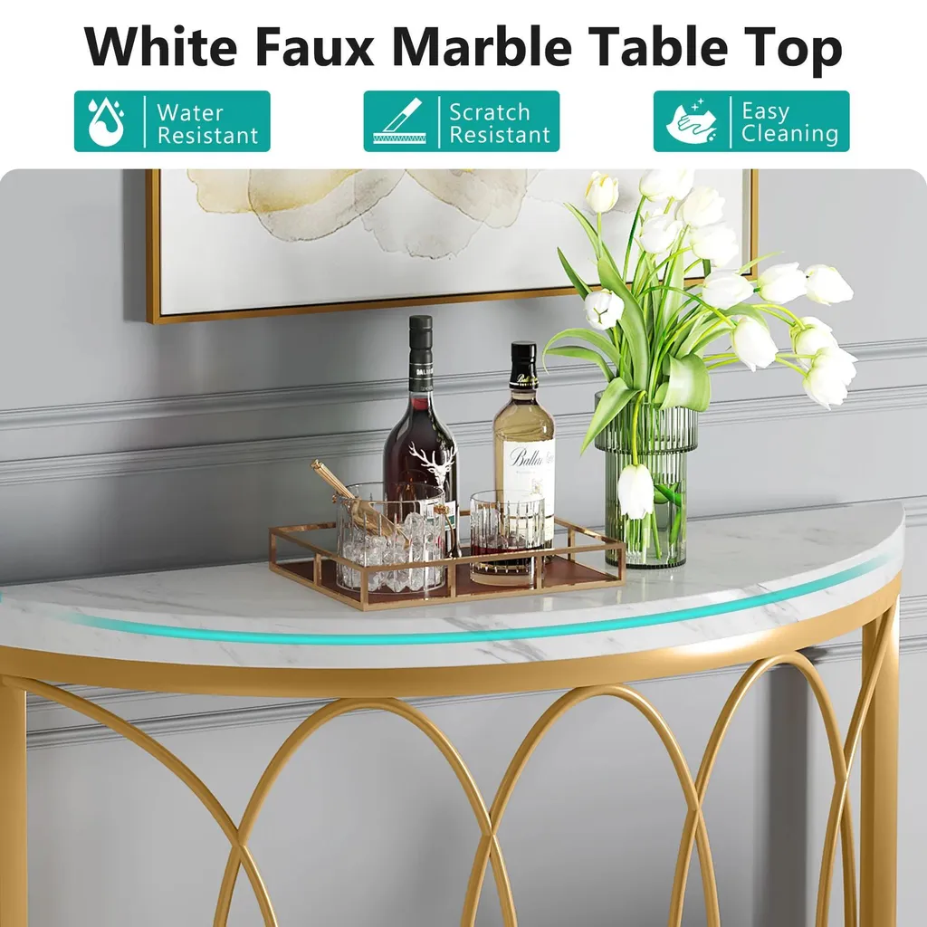 Console dorée au design géométrique 110 cm table d'appoint demi-lune