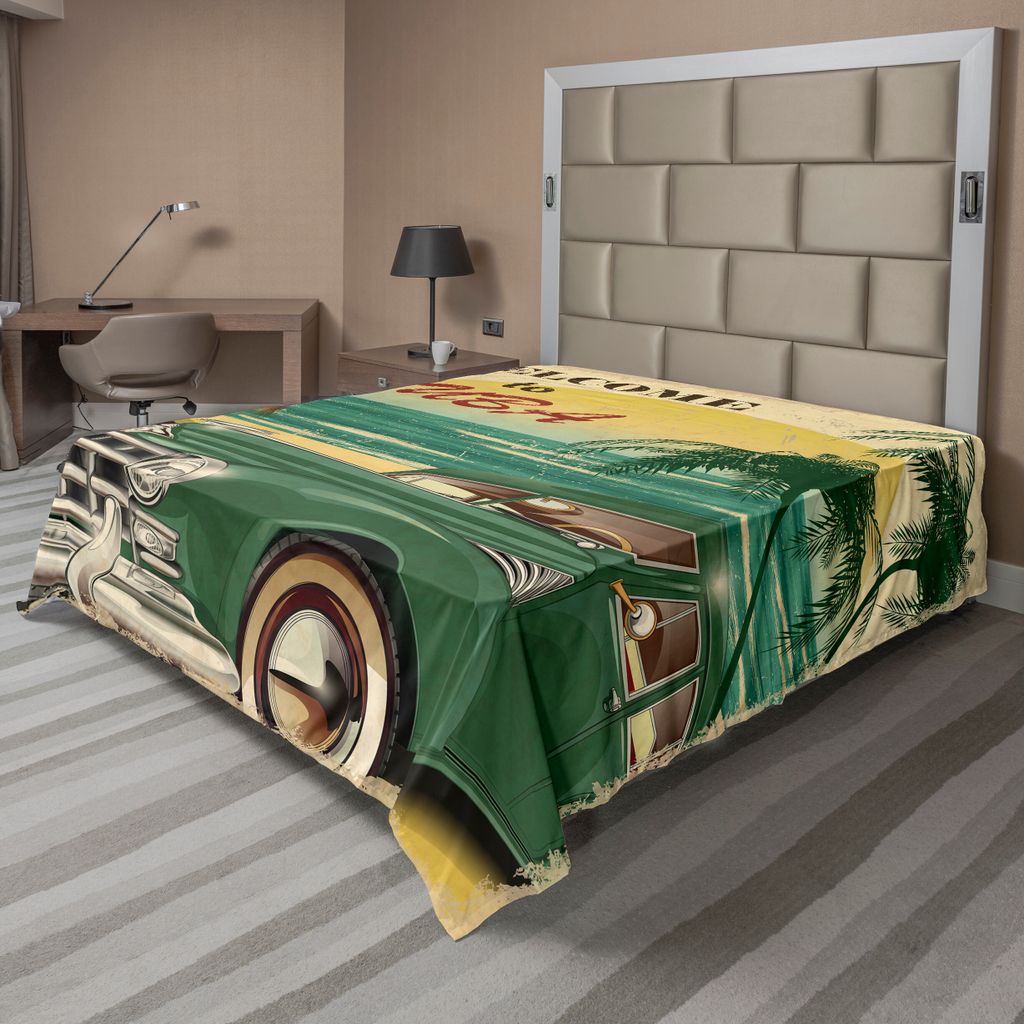 ABAKUHAUS Retro Bettlaken, Nostalgischer Willkommen Zu Kuba Mit Klassischem Auto Strand Sonnenbank Sand Ozean Palmen, weiches bequemes oberes Bettl...