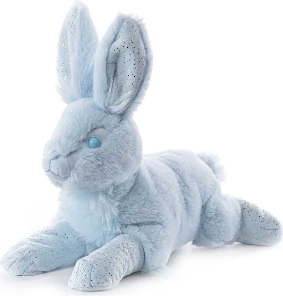 A plush toy rabbit lying down on a white background.
