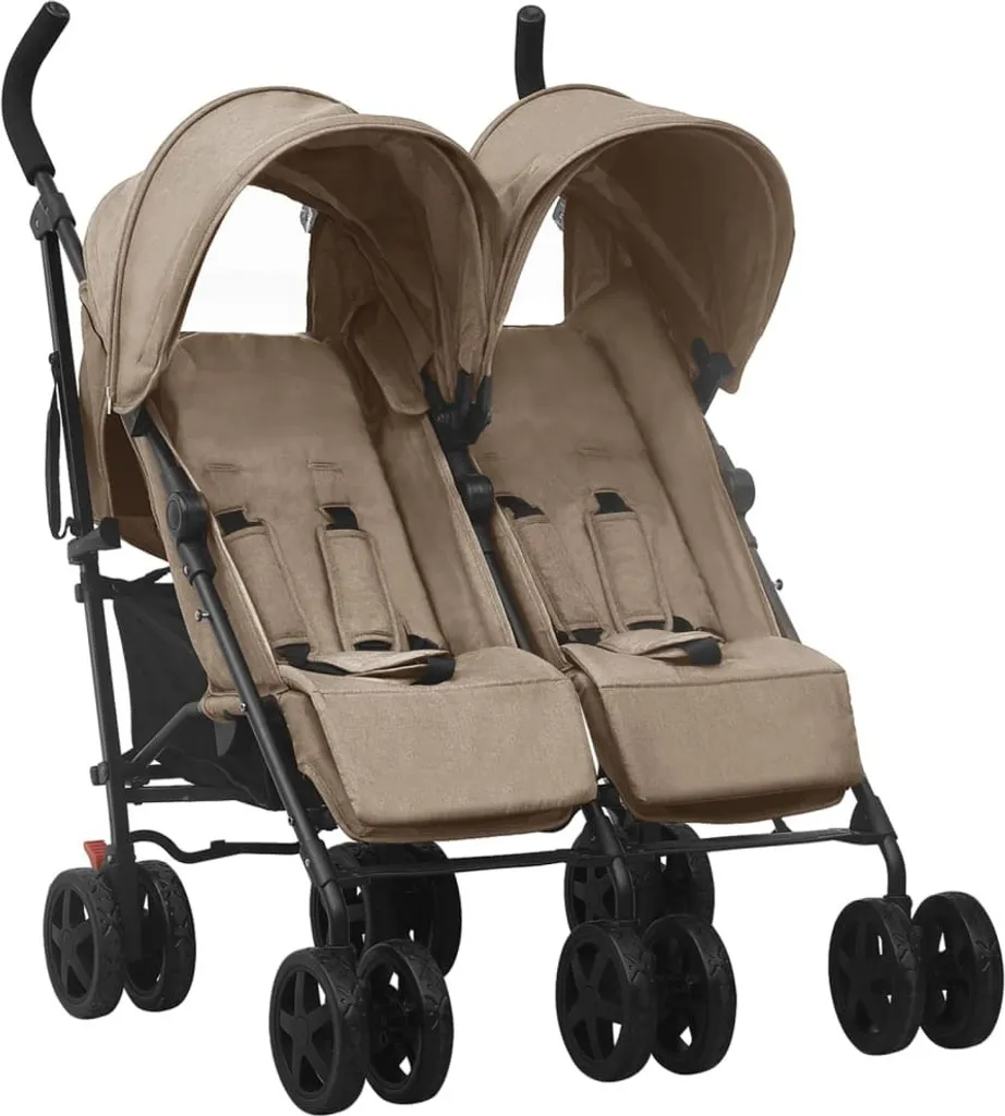 Poussette double acier Taupe compacte - Sièges confortables et inclinables