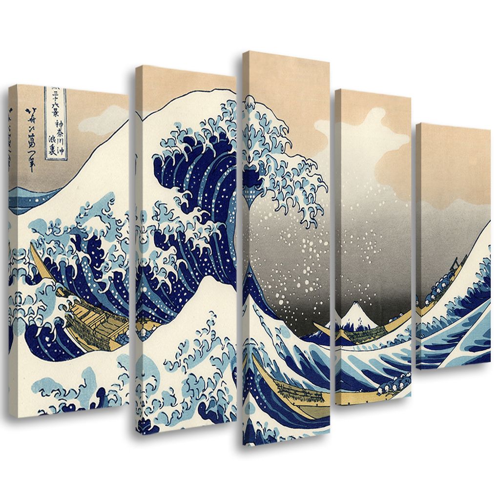 5-teiliges leinwandbild kanagawa große welle 150x100 cm Feeby blau wandbild bereit zum aufhängen
