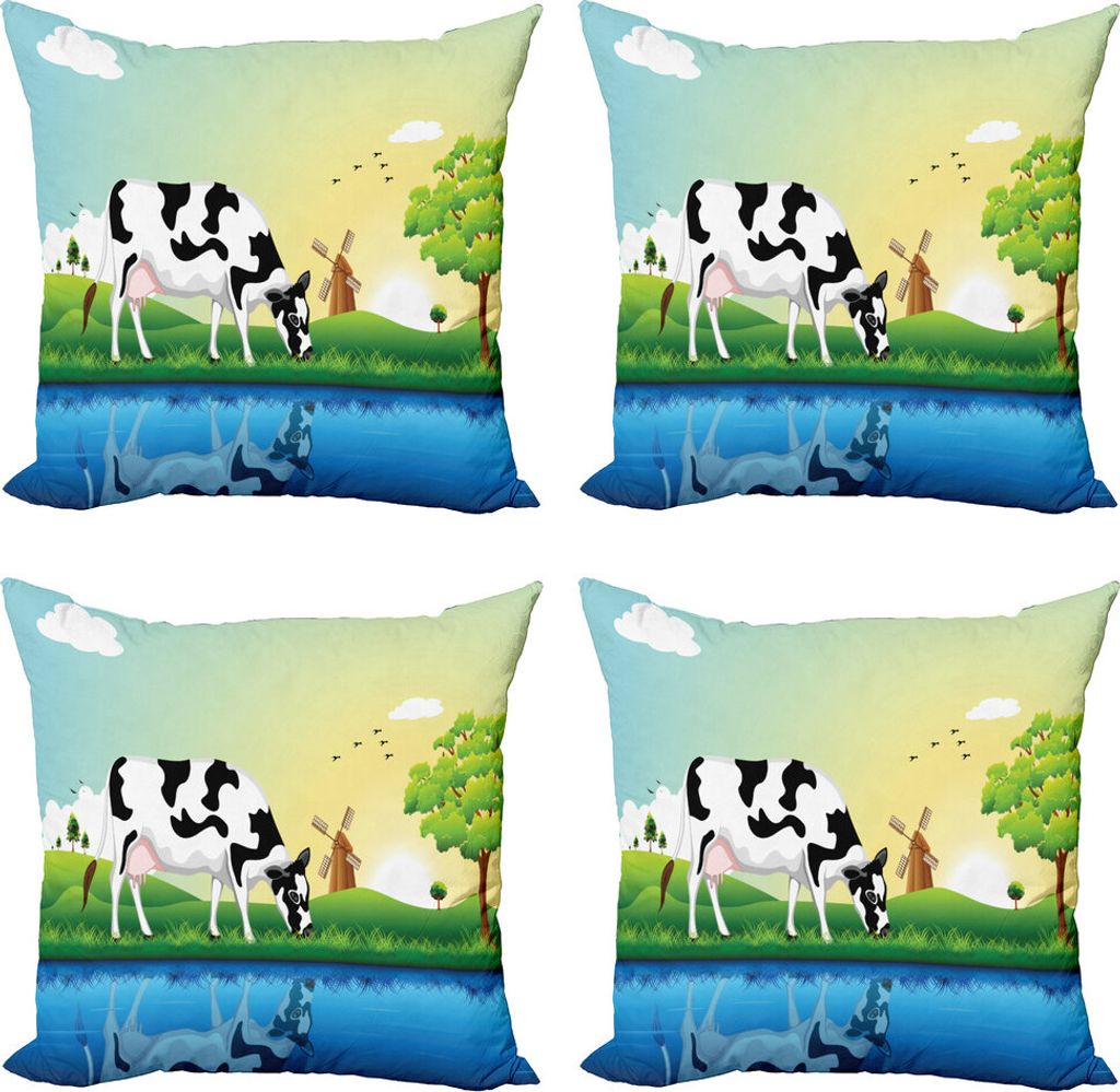 ABAKUHAUS Das Vieh Kissenbezug Set (4 Stück), Feld Tree See Windmühle, Moderner Doppelseitiger Digitaldruck, 50 cm x 50 cm, Mehrfarbig