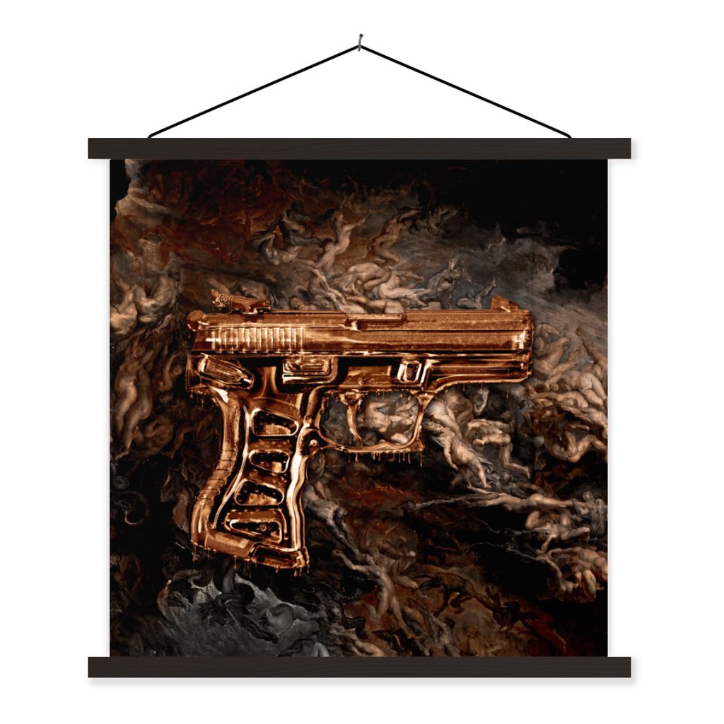 MuchoWow Textilposter Pistole - Gold - Schwarz 120x120 cm mit schwarzem Rahmen - Aufhängungsset