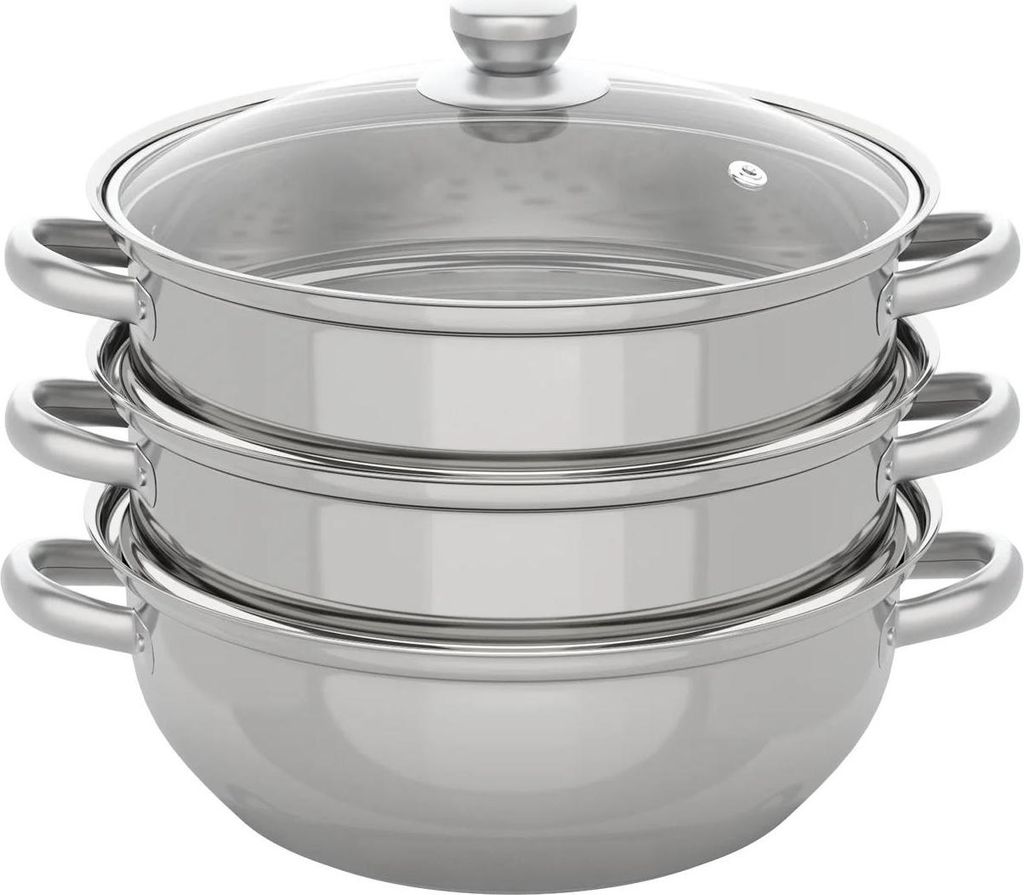Dampfgarer Topf aus Edelstahl - 3-stöckig - 28 cm - Gehärteter Glasdeckel - Für verschiedene Herdarten - Silber