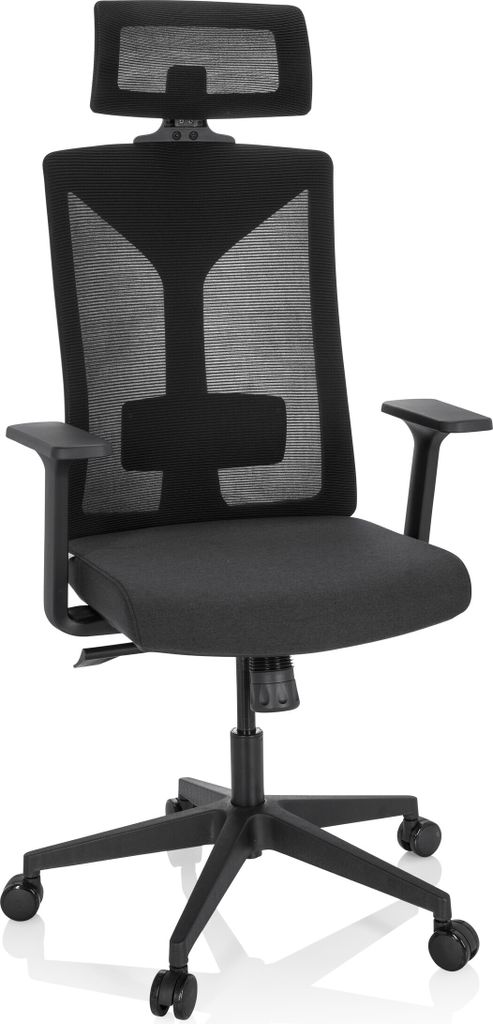 A black office chair with a mesh back and headrest, shown from the front on a white background.