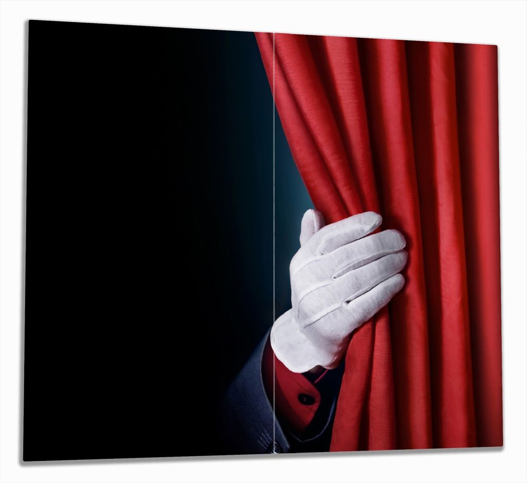 Wallario Herdabdeckplatte aus Glas, Größe 60 x 52 cm 2-teilig, Motiv Vorhang auf für die Show Hand hinterm roten Vorhang