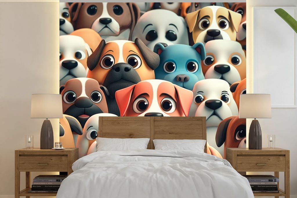 MuchoWow Fototapete für Wohnzimmer oder Schlafzimmer Wandtapete Vinyl Motivtapete Hund - Tiere - Muster - Braun - Mädchen - Jungen - 240x240 cm...