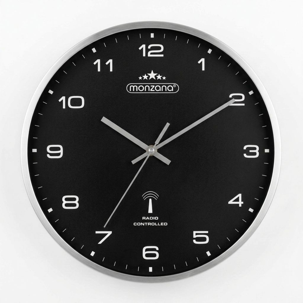 MONZANA Wanduhr Funk Geräuscharm Schwarz Silber 31cm Groß Produktbild 