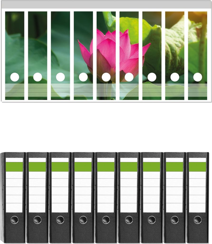Wallario 9 Stück breite Ordner inkl. Klebeetiketten mit Motive Pinke Lotosblüte im Sonnenschein - Set mit Rückenschildern / Ordnerrücken Stickern