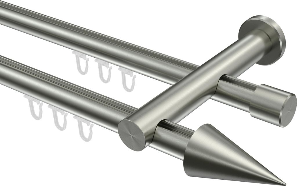 Interdeco Innenlaufstange / Gardinenstange mit Innenlauf Edelstahl-Optik, Typ Platon Savio (Kegel), 20 mm Ø 2-läufig, 280 cm