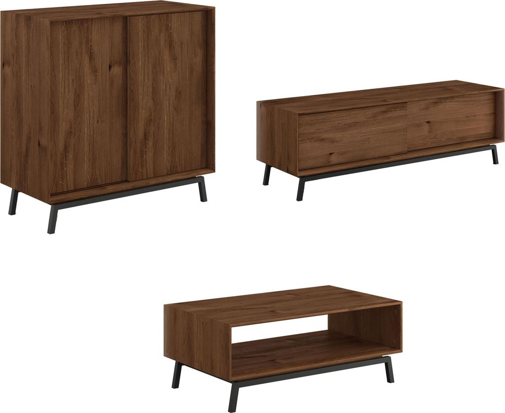 Wohnzimmer-Set Modern Loft Wohnwand Massivholz geölt Ausführung wählbar,Weinregal, Lowboard, Couchtisch,Eiche Tabak
