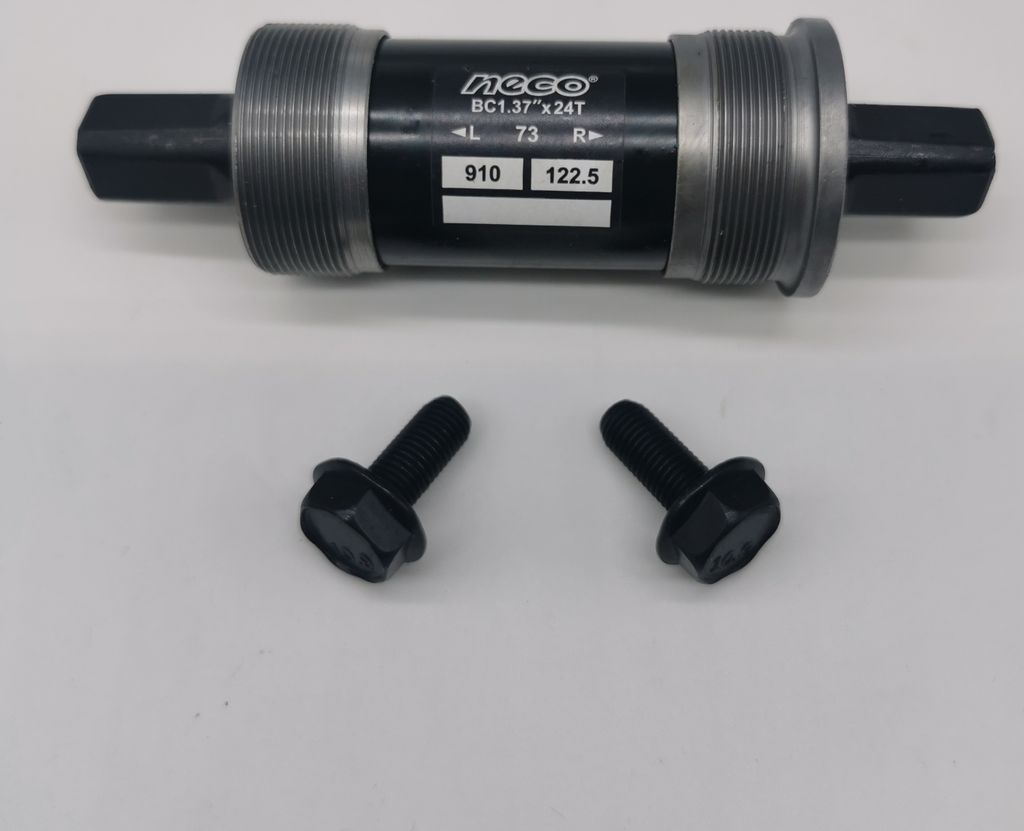 A bicycle bottom bracket and two bolts are laid out on a white background.