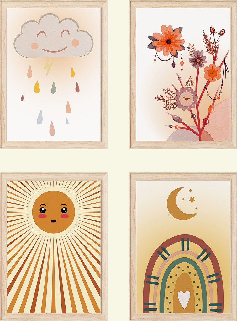 Boho Wolke Sonne Regenbogen Bilder 4er Set DIN A4 Kinderzimmer Wandbilder Babyzimmer Poster Dekoration