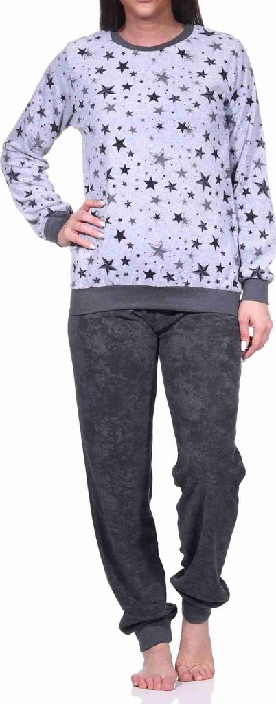 Damen Frottee Pyjama Schlafanzug mit Bündchen in edlen Sterne Design - auch in Übergrößen ; grau-melange , 36