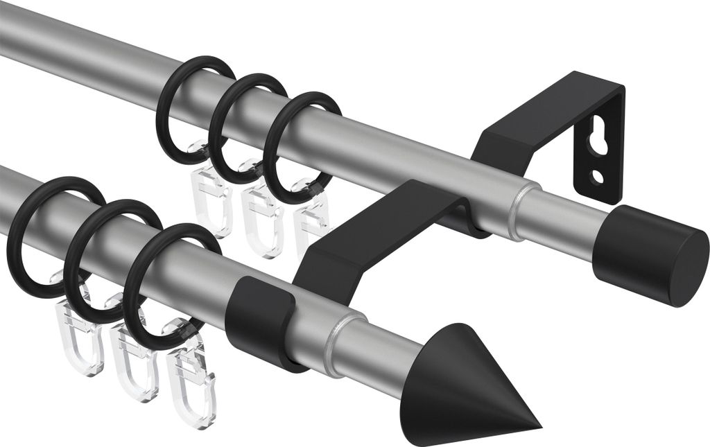 Interdeco Gardinenstange ausziehbar / Teleskop-Vorhangstange Silbergrau / Schwarz, Typ Hera Cone (Kegel), 16/13 mm Ø 2-läufig, 130-240 cm ausziehbar