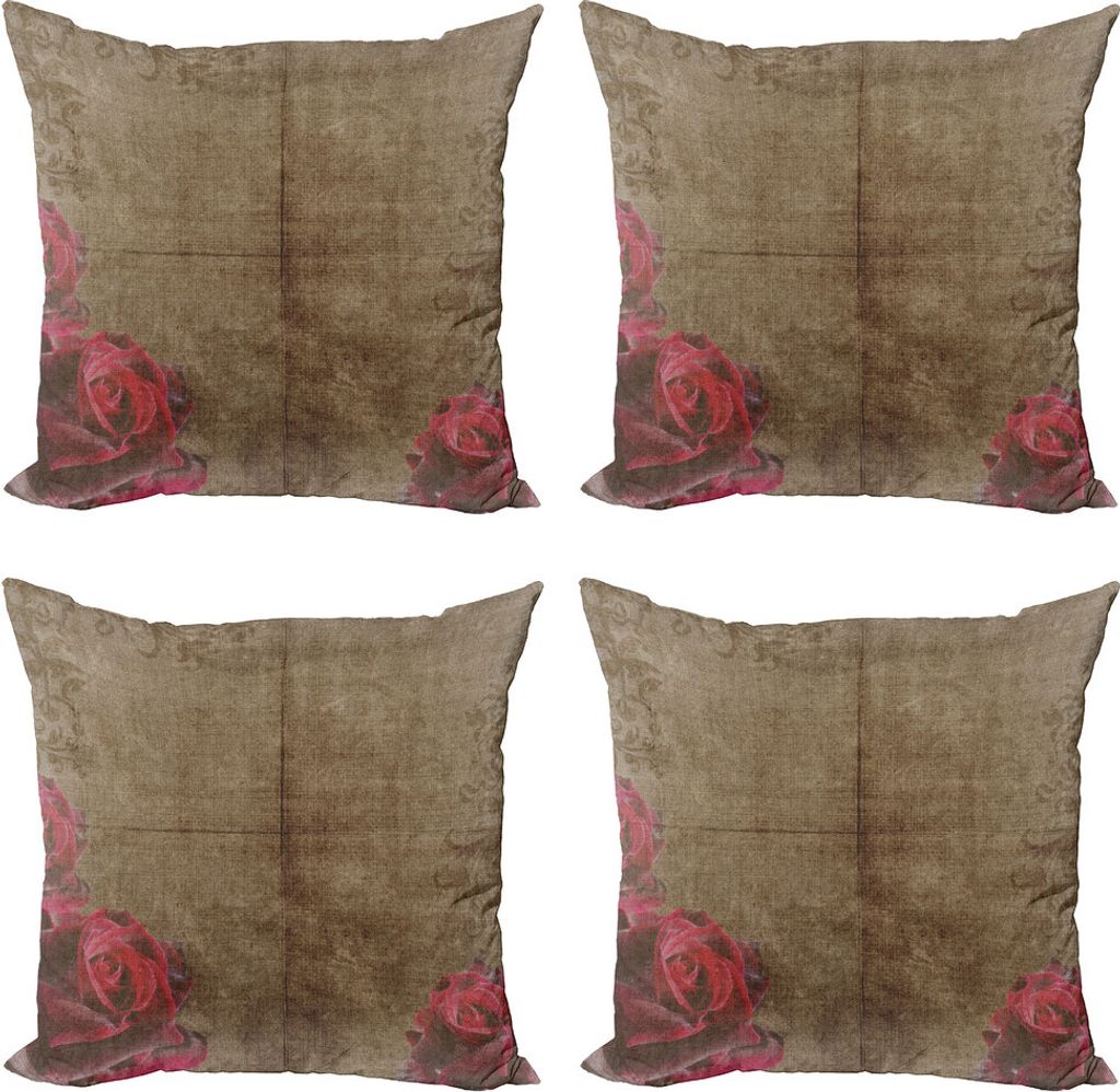 ABAKUHAUS viktorianisch Kissenbezug Set (4 Stück), Vintage Rosen-Rahmen, Moderner Doppelseitiger Digitaldruck, 60 cm x 60 cm, Rotbraun