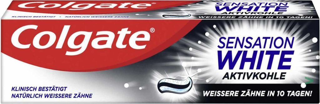 A product shot of a Colgate Sensation White Aktivkohle toothpaste box.