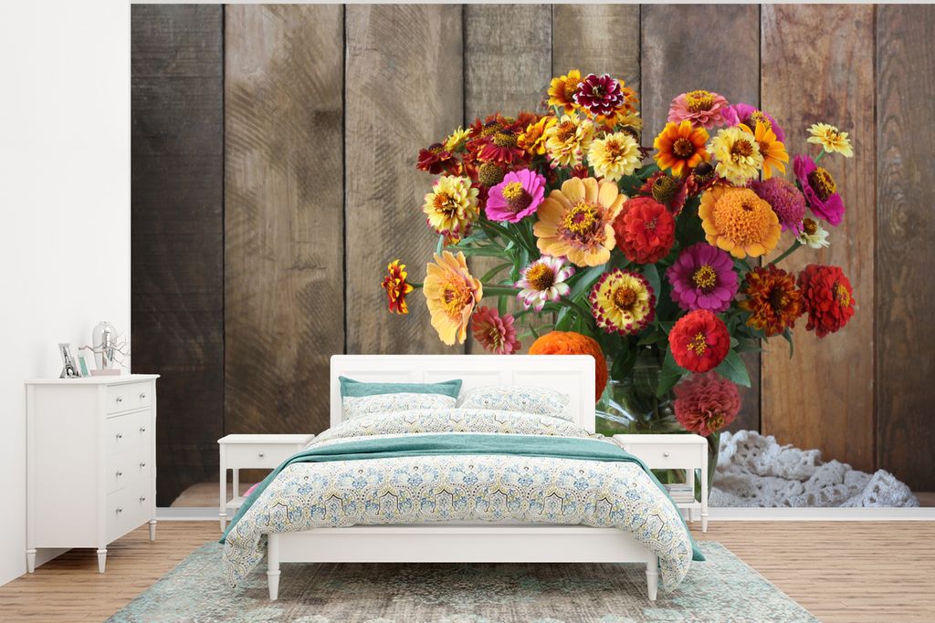 MuchoWow Fototapete für Wohnzimmer oder Schlafzimmer Wandtapete Vinyl Motivtapete Stilleben - Blumenstrauß - Apfel - 320x240 cm - Tapeten