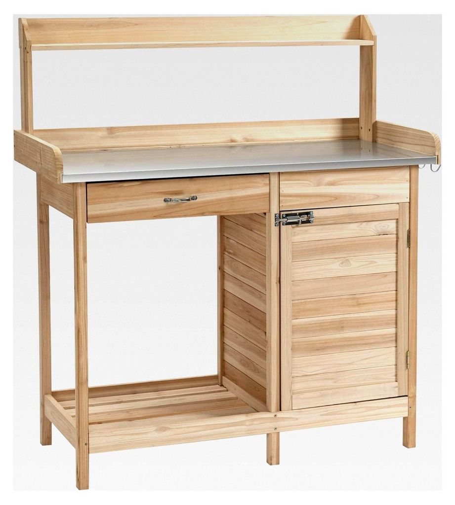 Pflanztisch mit verzinkter Arbeitsplatte, Gärtnertisch mit Schublade, Schrank, Gartenarbeitstisch aus Massivholz, Natur, 112 x 48 x 125 cm
