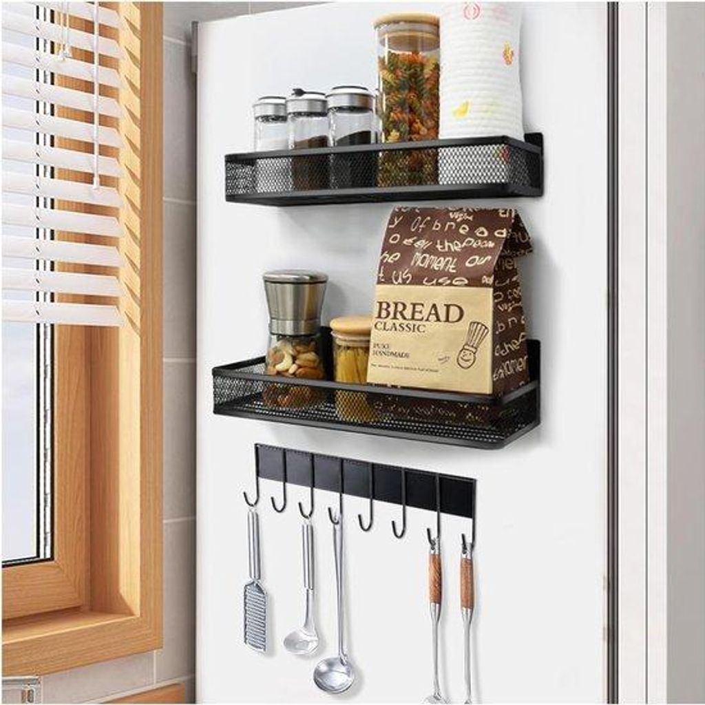 Keukenorganizer, zelfklevende keukenwand, 2-teilig, koelkastmagneten, 8 Haken, schwarz