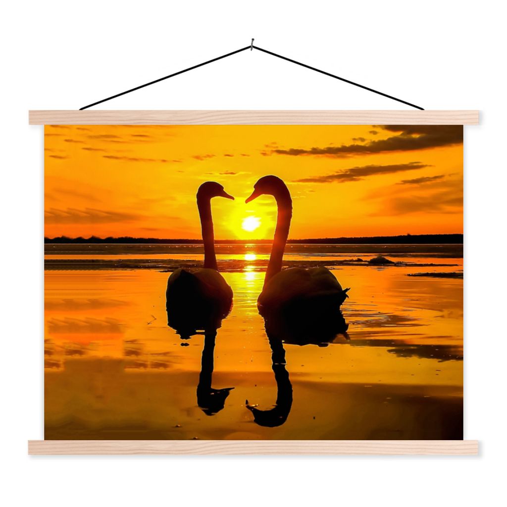 MuchoWow Textilposter Schwäne - Sonnenuntergang - Vogel - Orange - Wasser 40x30 cm mit holzfarbenen Rahmen - Bilder