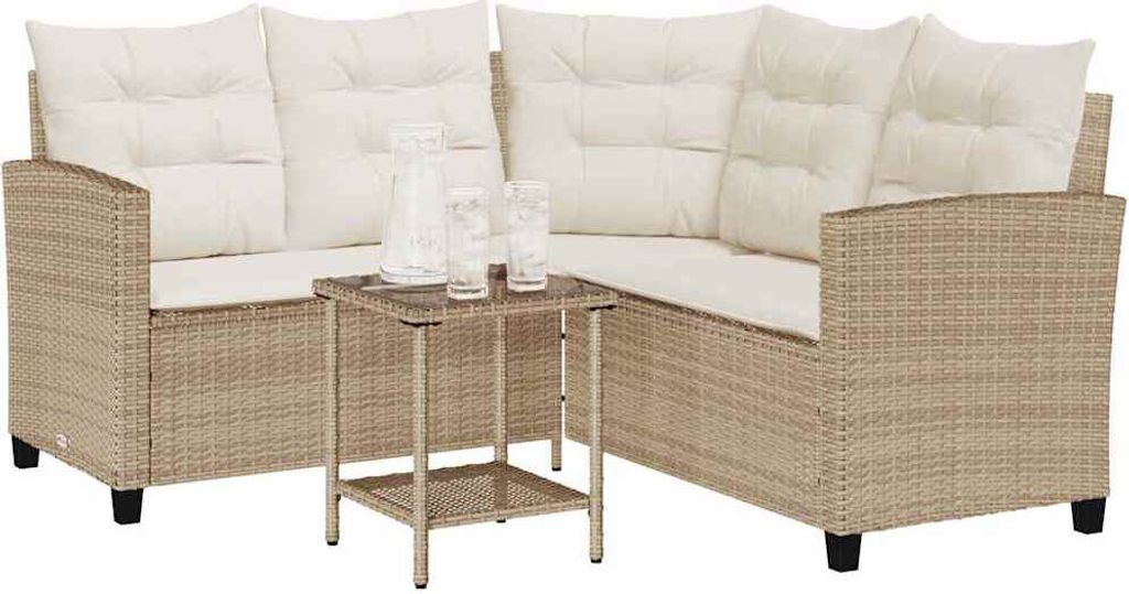 vidaXL Gartensofa in L-Form mit Tisch und Kissen Beige Poly Rattan