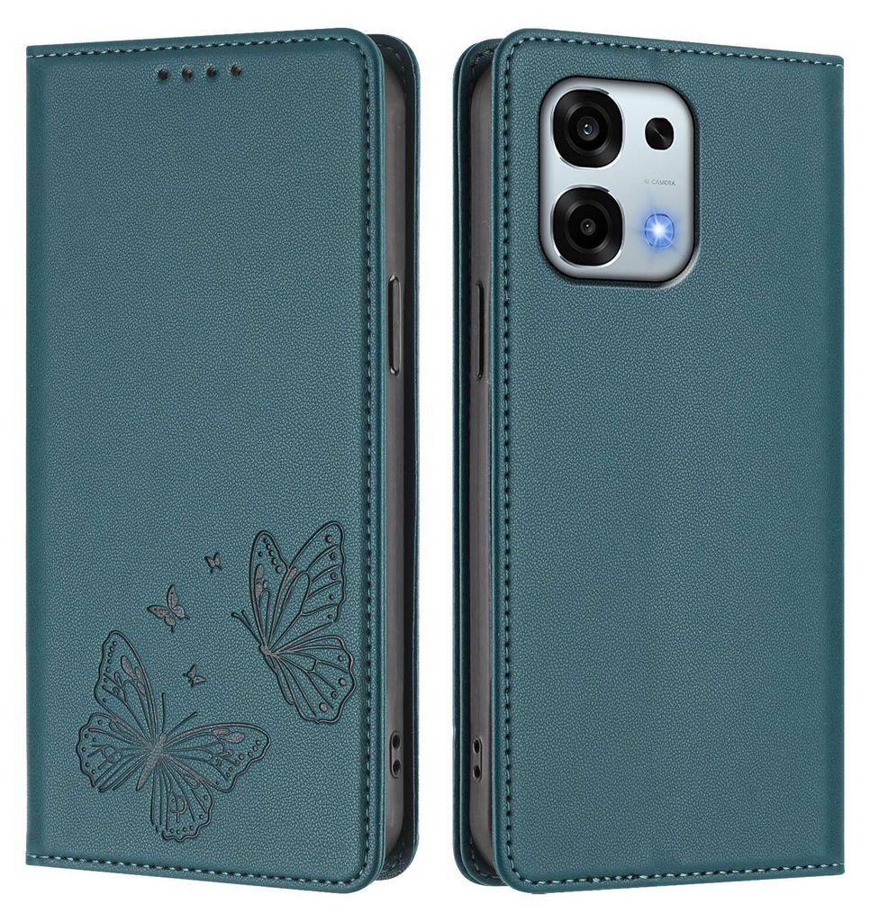 Lederhülle für Oppo A6 Pro 5G/Oppo A6 Pro 4G, Schmetterling Prägung Leder Brieftasche Schutzhülle mit Ständer Grün