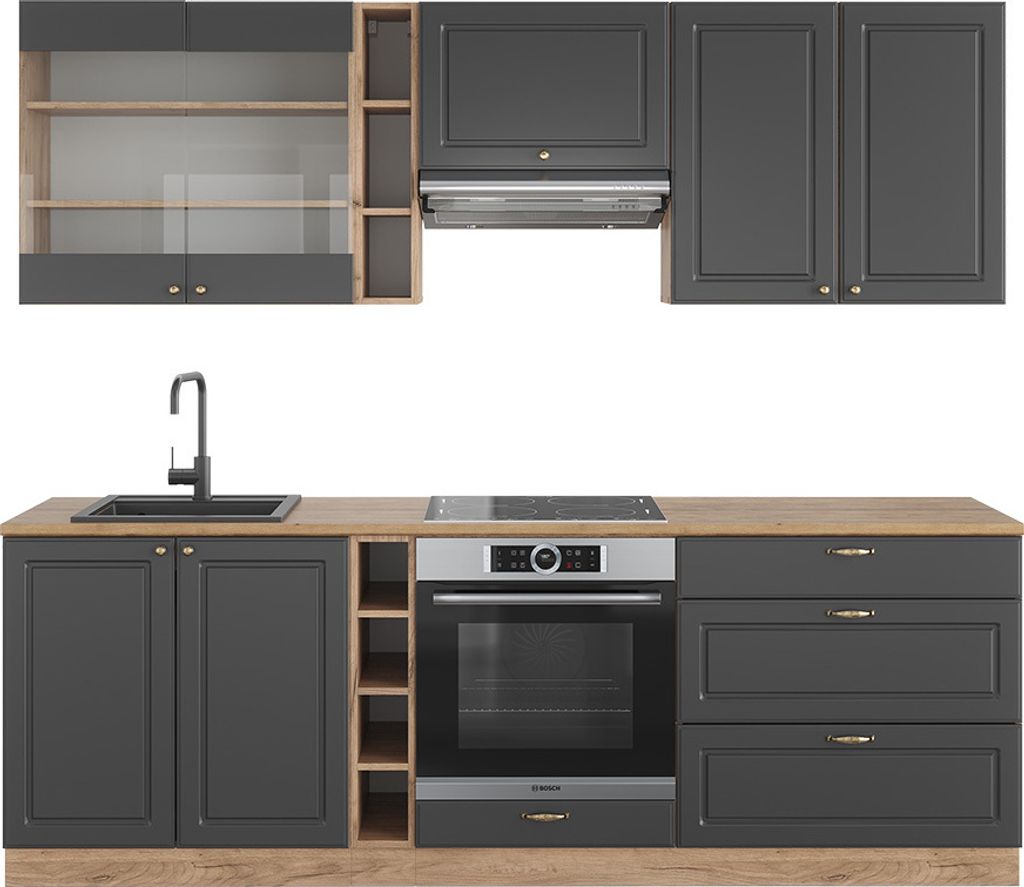 Küchenzeile Vicco Fame-Line Anthrazit Landhaus/Goldkraft Eiche 235 cm ohne Arbeitsplatte, Model 38756