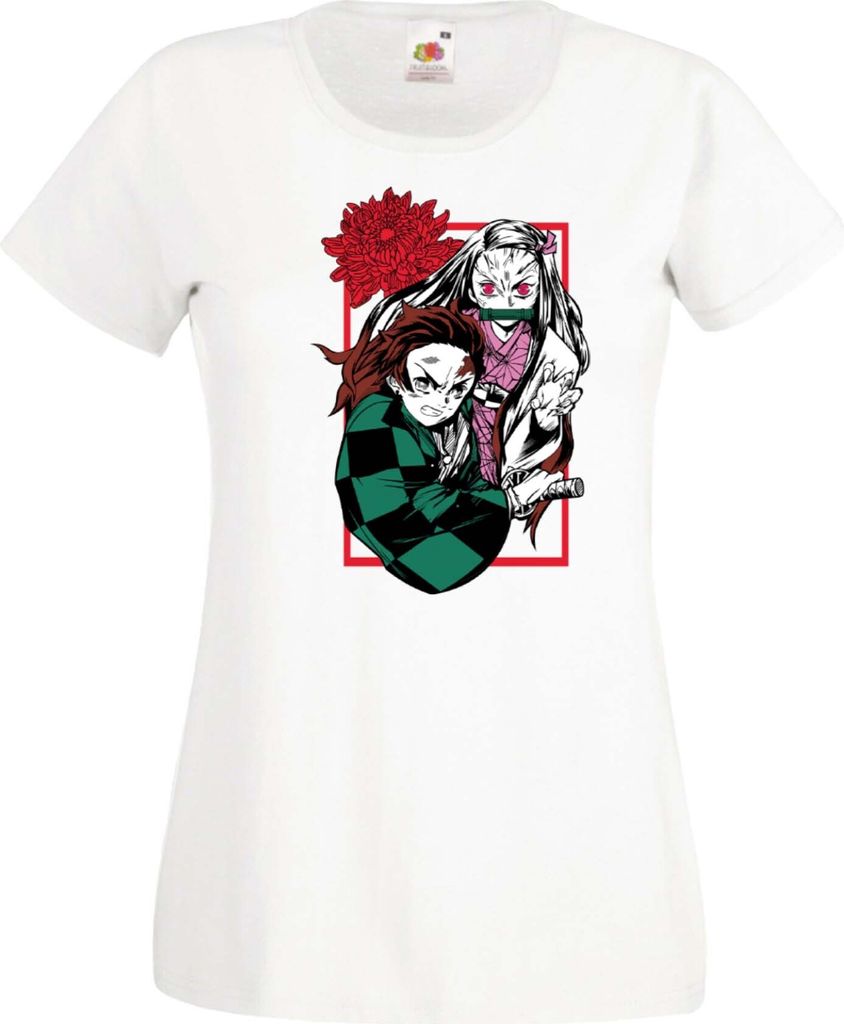 Damen T-Shirt Demon Anime Slayer Tanjiro Nezuko Kamado 002 Var-023 Brother Slayer Sister Demon, Lady XS / Weiß