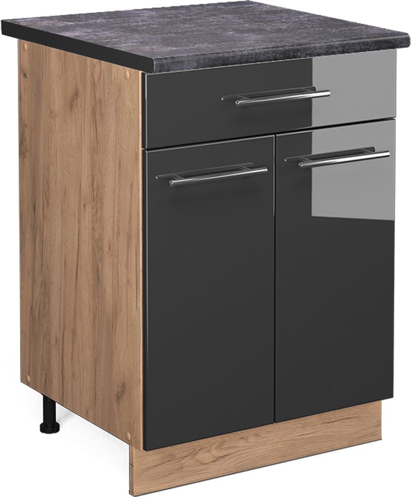 Küchenunterschrank Vicco Fame-Line Anthrazit Hochglanz 60 cm mit Schublade, AP Anthrazit, Model 46586