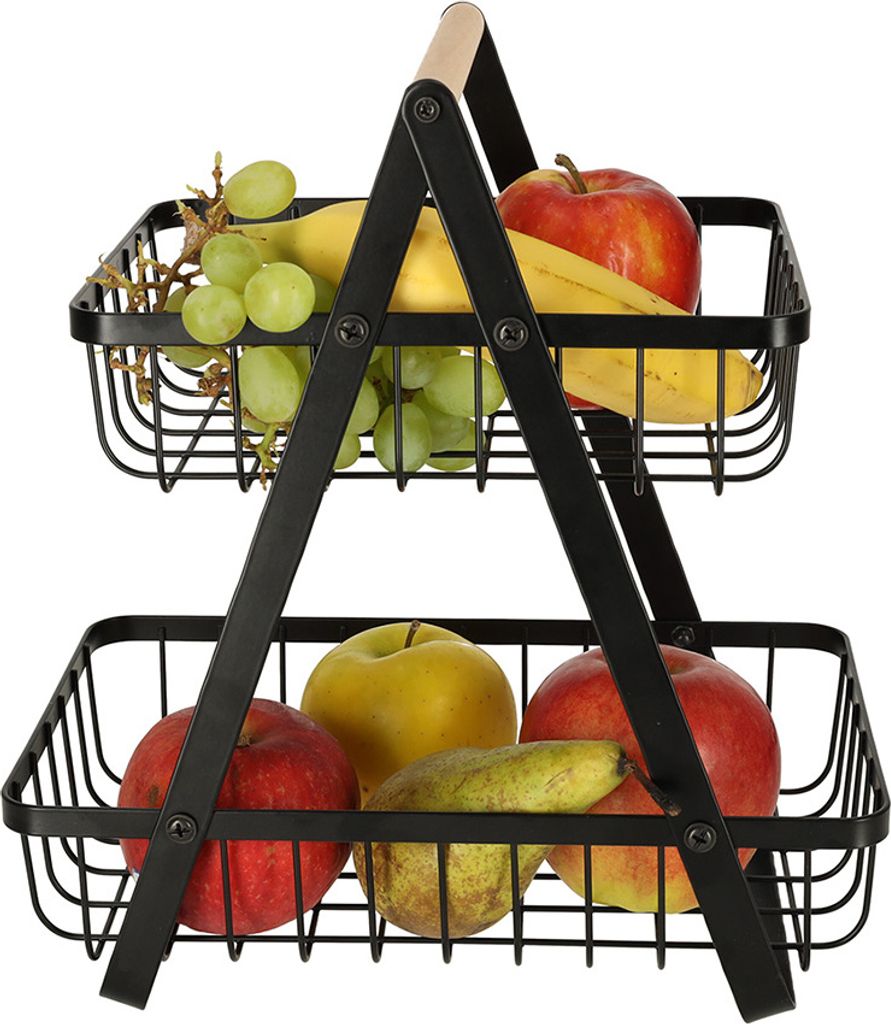 A two-tiered fruit basket filled with various fruits.