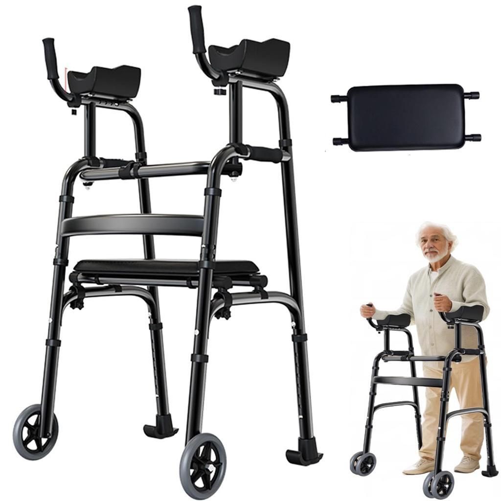 Rollator mit Armlehnen, faltbar, höhenverstellbar, bis 135kg belastbar, leichter Gehwagen für Senioren, Mit weichem Ledersitz