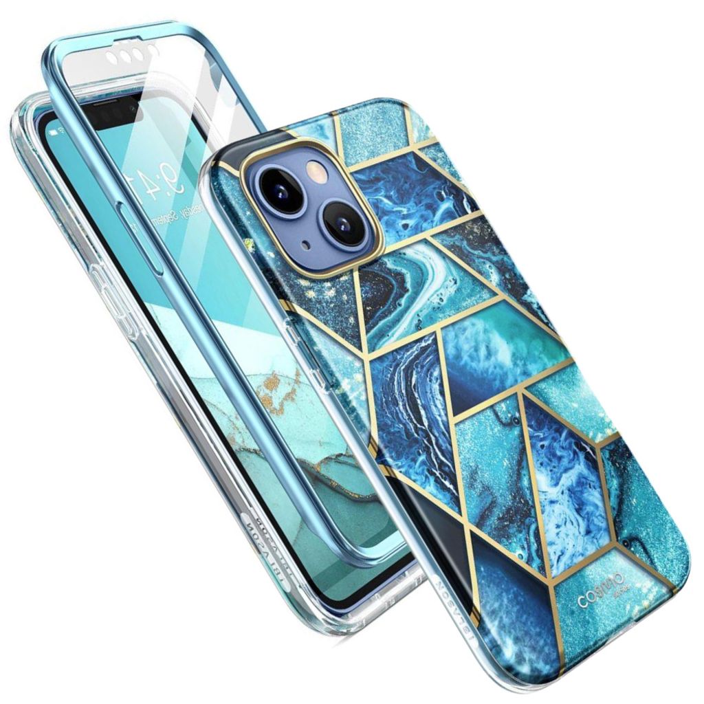 A phone case with a geometric marble pattern and a clear phone case with a screen protector.