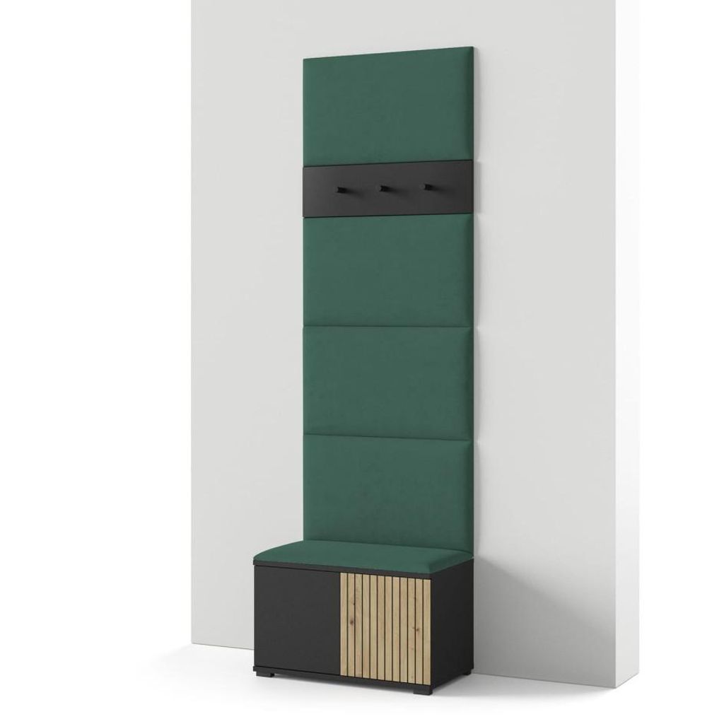 Garderoben-Set Rosario Version 6 mit Lamellen, mit Polsterplatten und Schuhschrank (Schwarz / Eiche Artisan, Trinity 28)