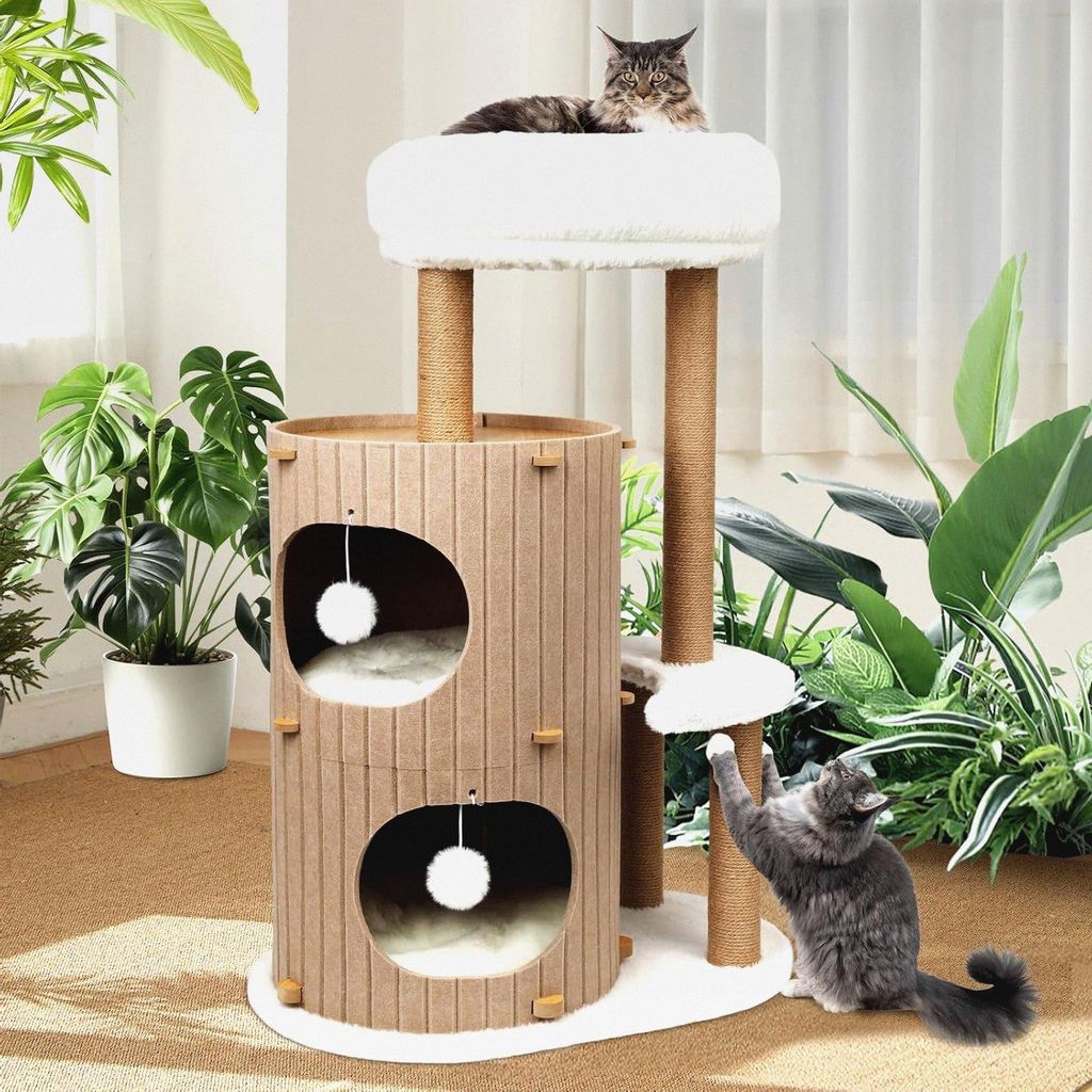 Luxus Kratzbaum mit 2-stöckiger Kratztonne | Katzenbaum mit Katzenschlafhaus, Sisalbrett,abnehmbarem Bett & Spielball | Stabiles Katzenmöbel für...