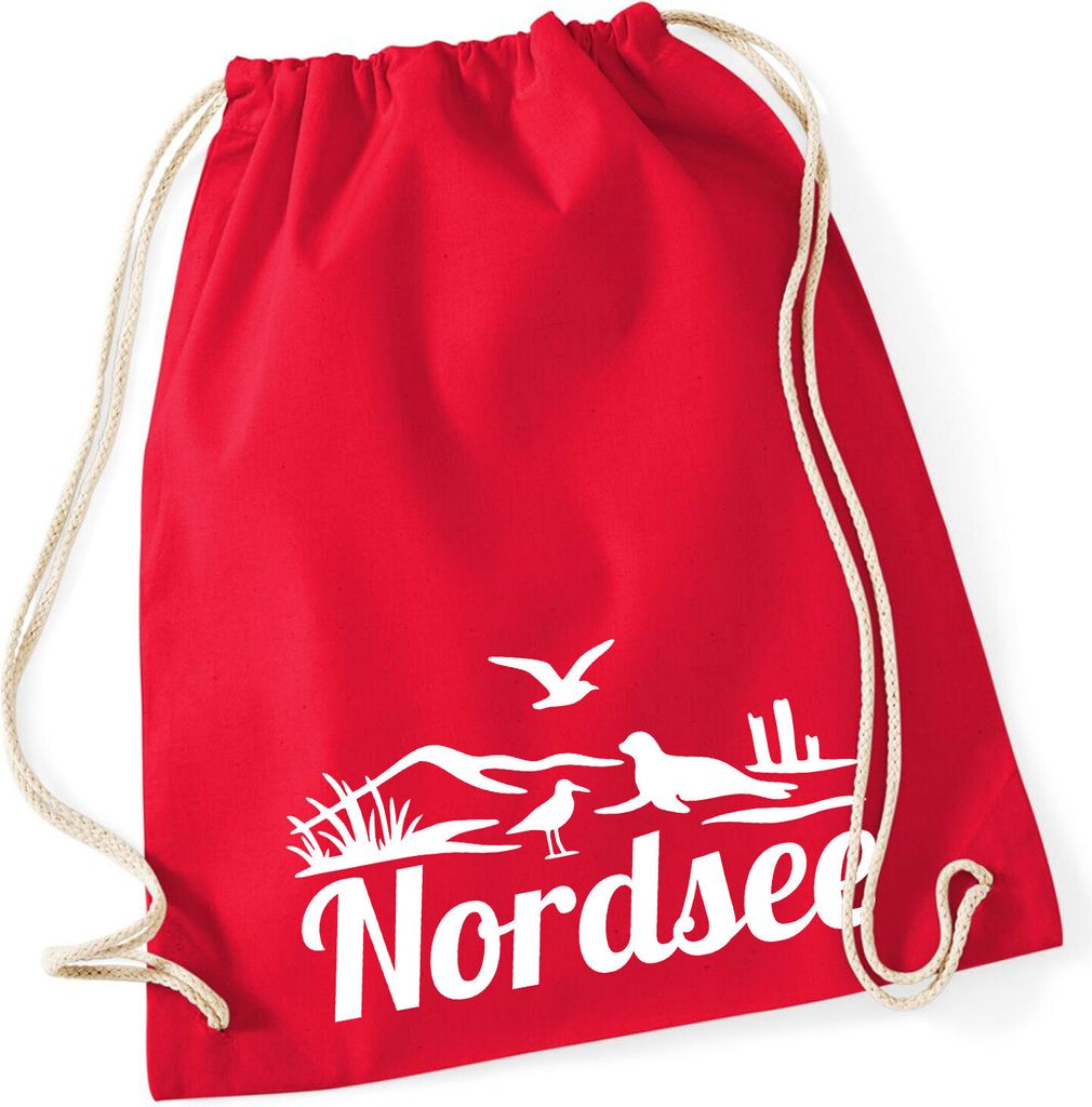 Huuraa Turnbeutel Nordsee Strandmotiv 12 Liter Classic Red Baumwolle Rucksack Geschenkidee