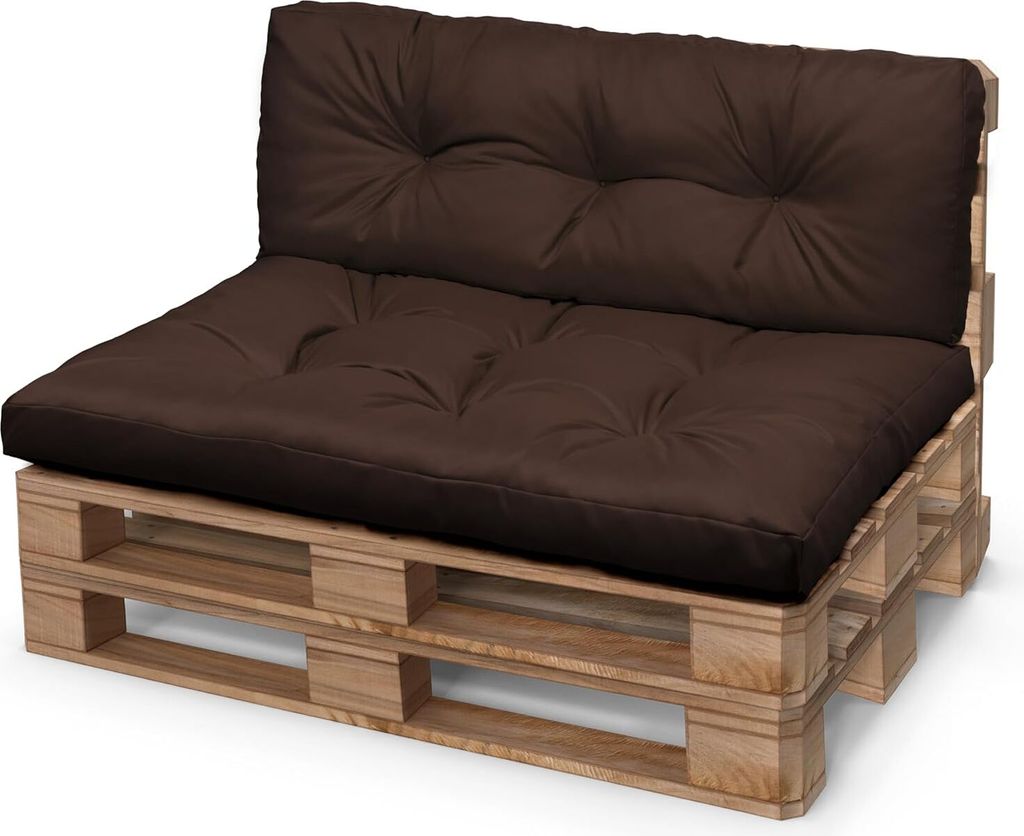 A brown pallet cushion set on a wooden pallet base, shown against a white background.