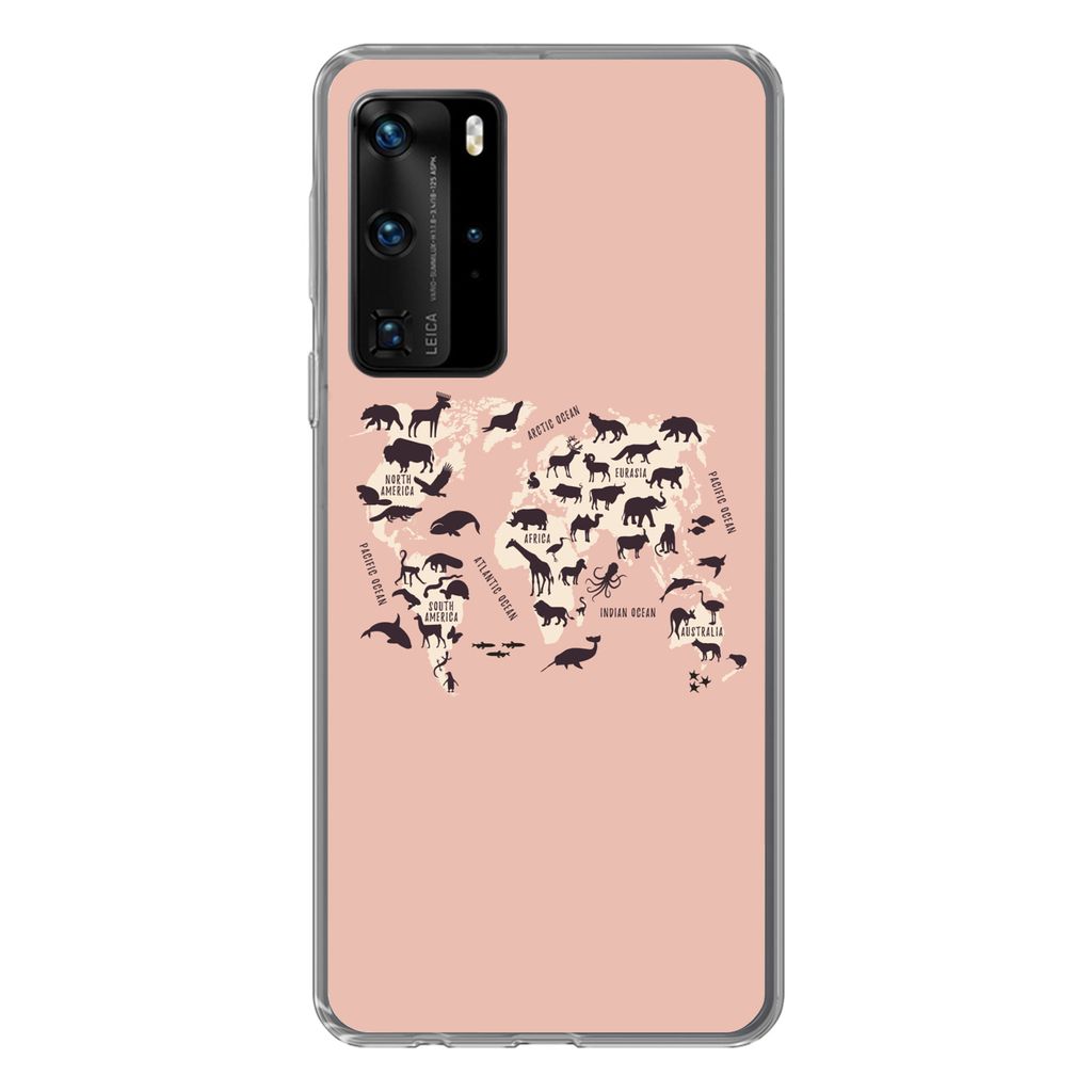 MuchoWow Handyhülle Schutzhülle Hülle für Huawei P40 Pro Weltkarte - Tiere - Scherenschnitt Silikon Softcase Handy Hülle - Schutz