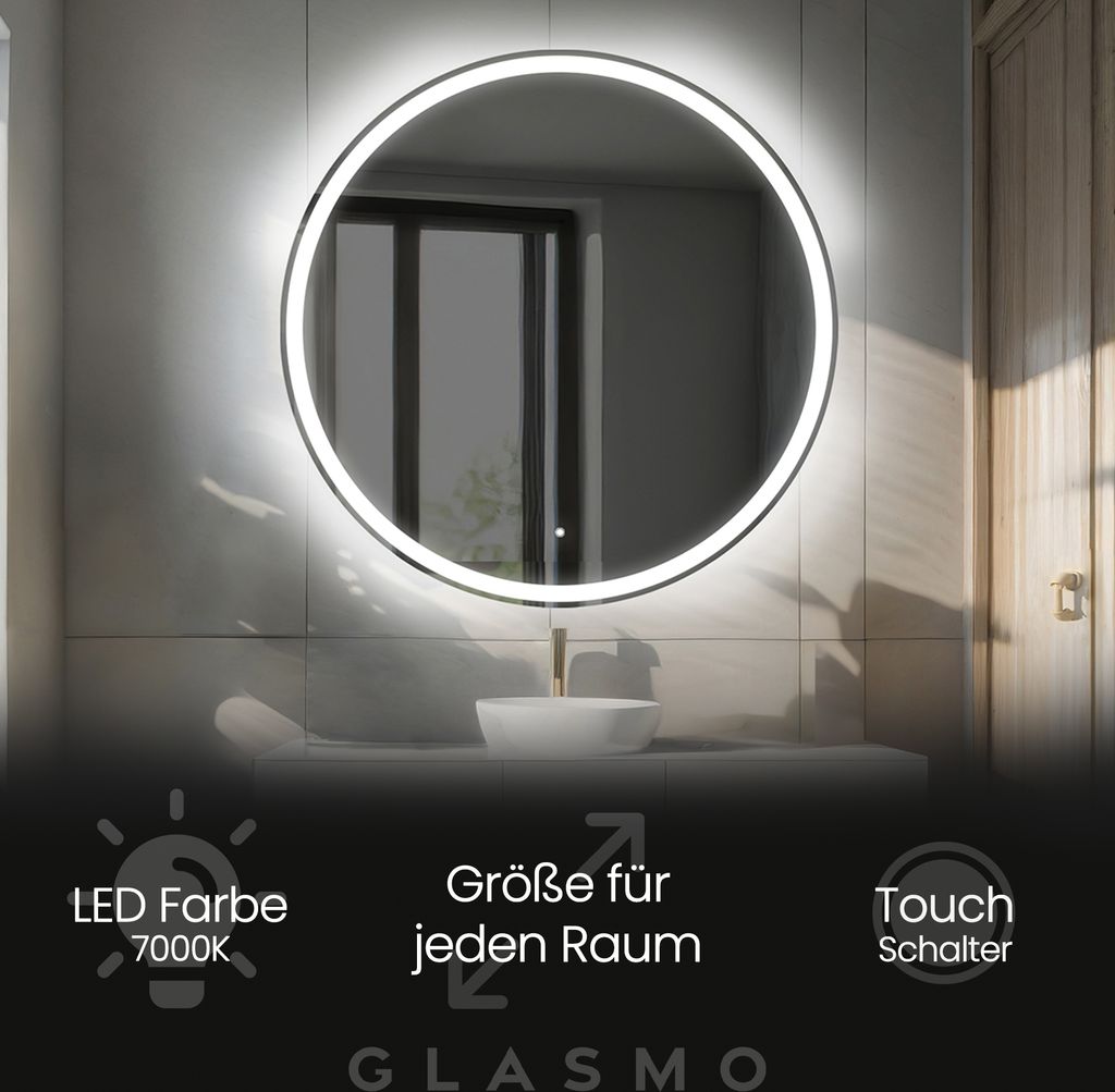 Spiegel mit Beleuchtung 90 cm Anna - Rund Badezimmerspiegel mit LED Beleuchtung - Kaltweiß 7000K - LED Badspiegel Lichtspiegel mit Touch Schalter
