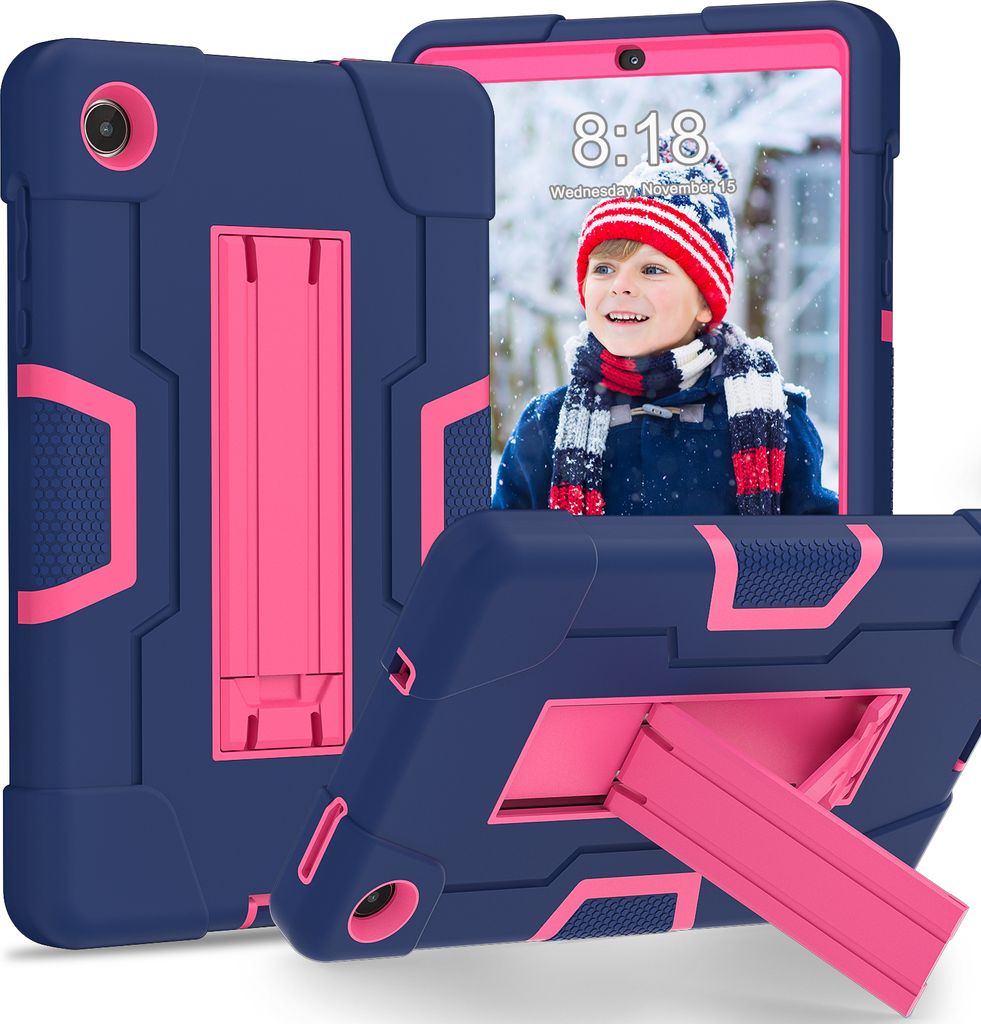 Hülle für Lenovo Tab M8 4th Gen 8 Zoll 2023 TB-300FU/300XU Hybrid Dreilagige Robust Stoßfest Schwerlast Schutzhülle mit Ständer Blau Rosa