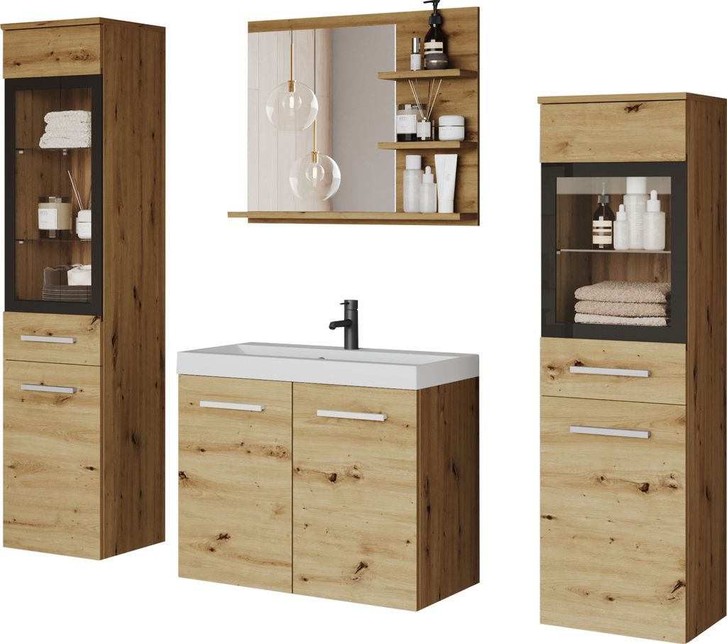 Minio, Badezimmermöbel "MARIT I", 4-Teilig Badezimmer Set mit LED-Belechtung, Waschbecken und Spiegel inklusive, Artisan Eiche Farbe