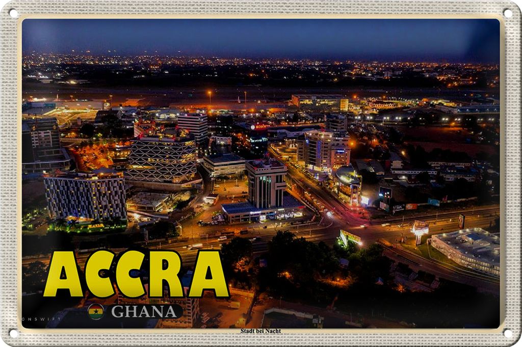 Blechschild Reise 40x30cm Accra Ghana Stadt bei Nacht