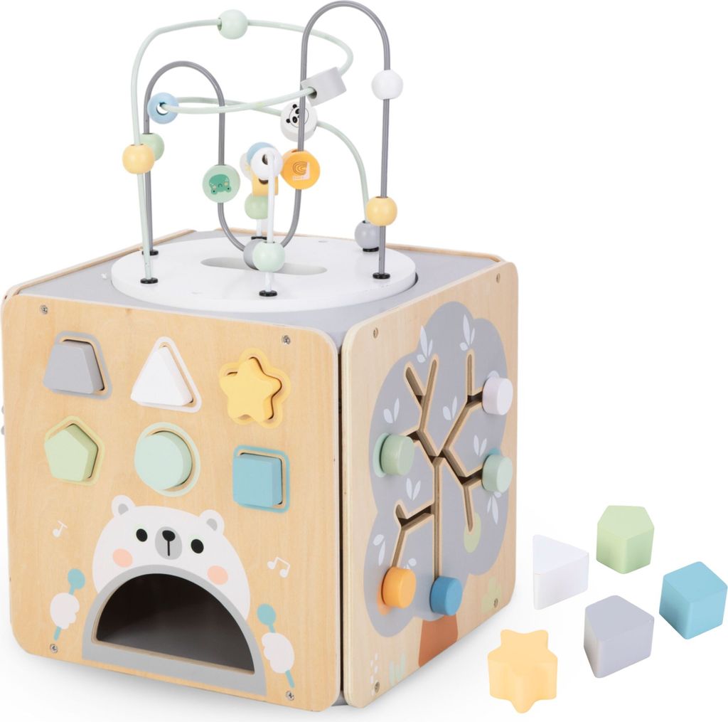 Grand cube d'activité en bois avec boucle de motricité et Image du produit 