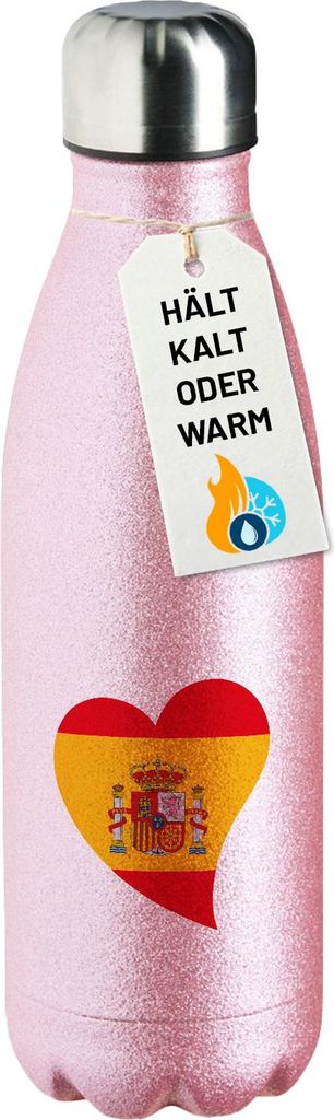Huuraa Trinkflasche Spanien Flagge Herz 500ml Pink Edelstahl Wasserflasche Trinkflasche Geschenkidee