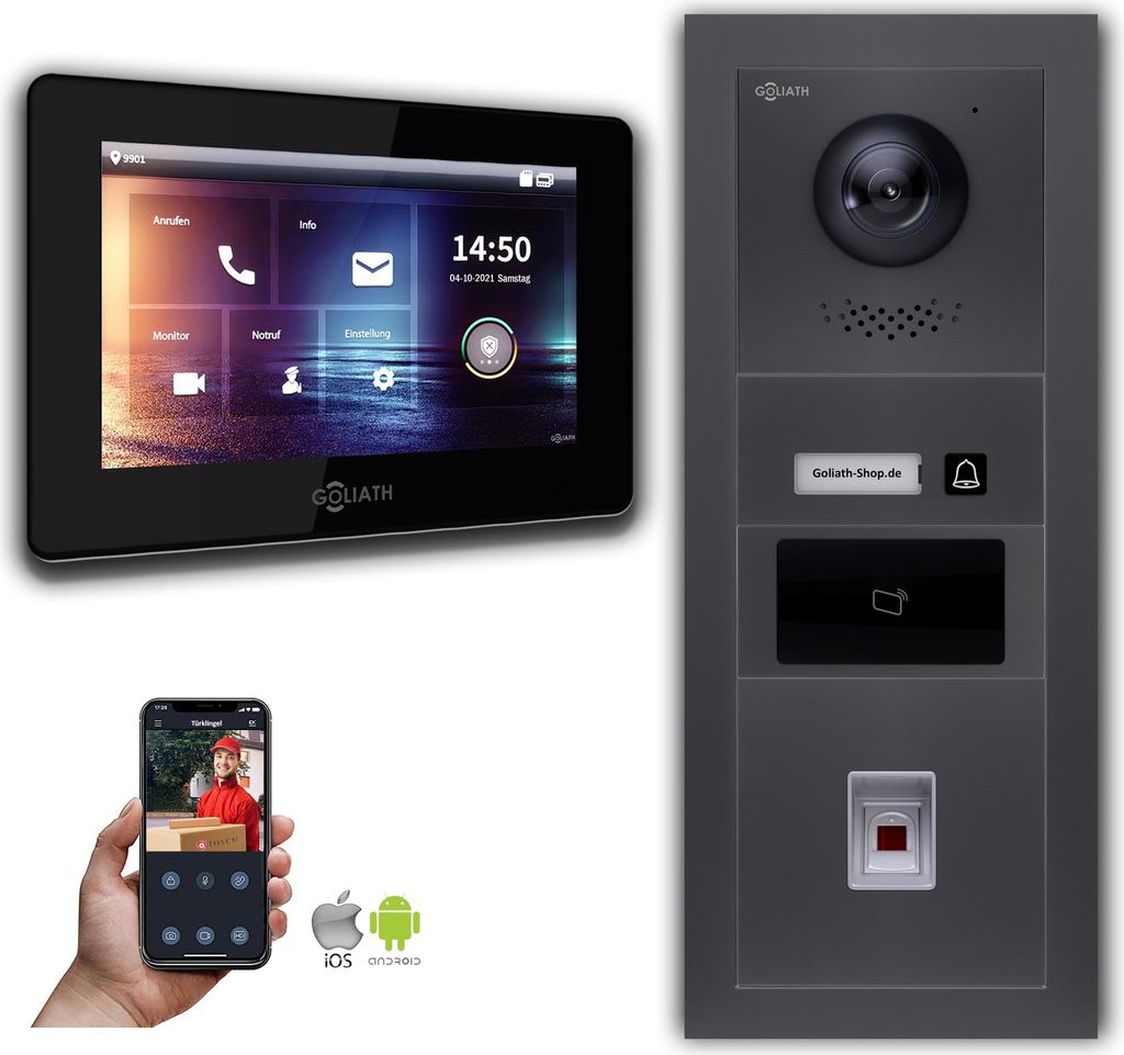 Türsprechanlage mit Kamera Goliath IP 2-Draht Fingerprint RFID Anthrazit : Unterputzdose : 7 Zoll in Schwarz Türklingel Montagedose: Unterputzdos...