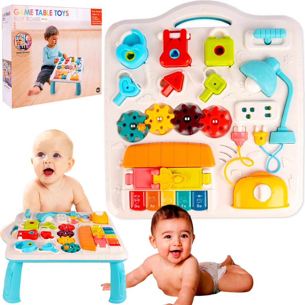 A collage of a baby activity table, a box for the table, and two babies interacting with the table.