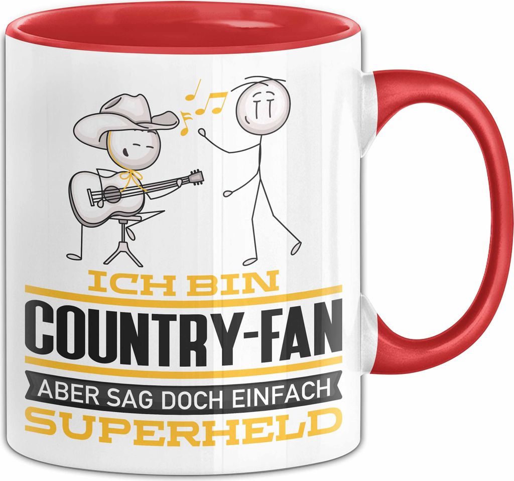 Country-Fan Geschenk Tasse Ich Bin Country-Fan Aber Sag Doch Einfach Superheld Lustige Geschenkdiee für Country-Fan Kaffee-Becher (Rot)