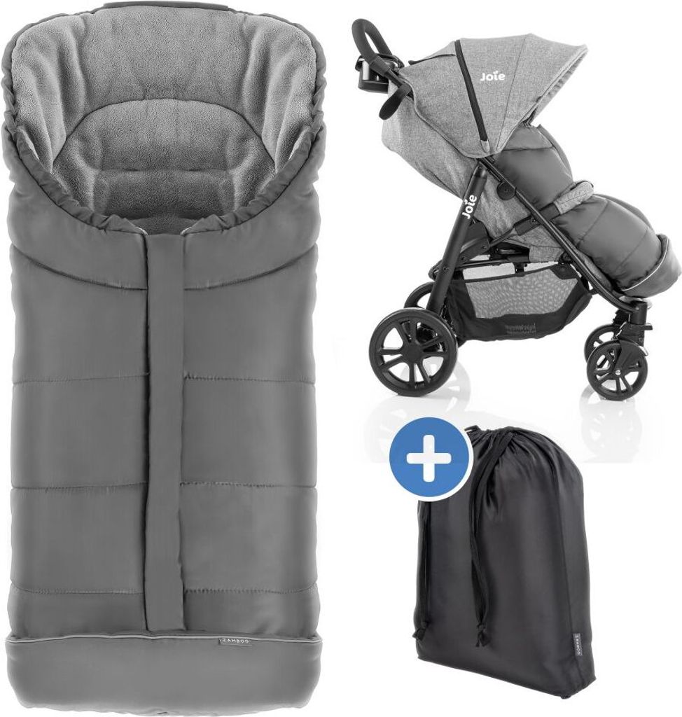 A grey footmuff and a grey Joie stroller are shown, along with a black storage bag.