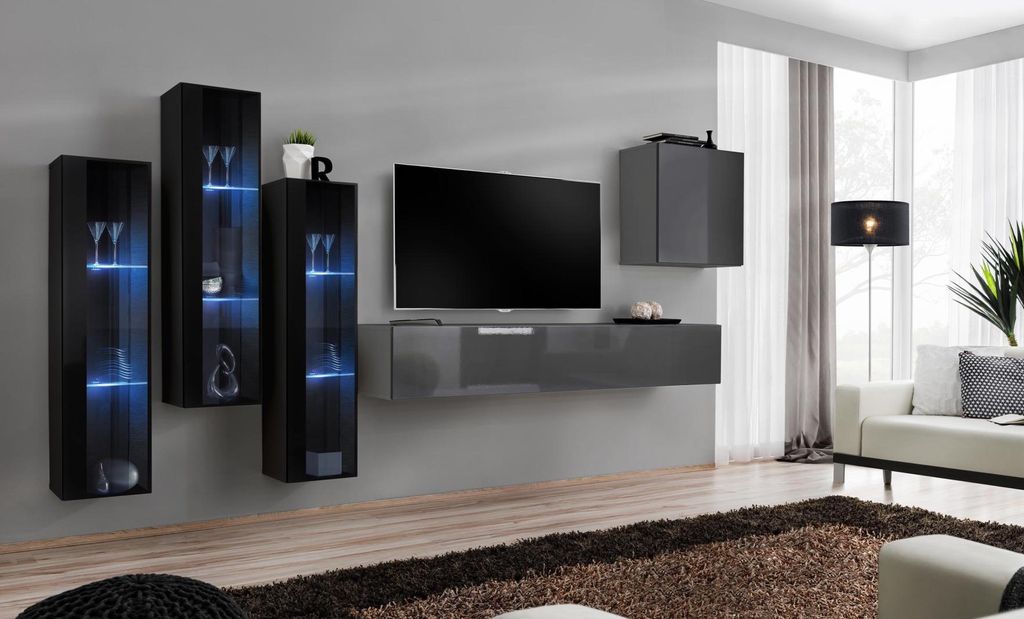 Designer Grau Wohnwand TV Ständer Komplett Hochglanz Sideboard Wand Schrank